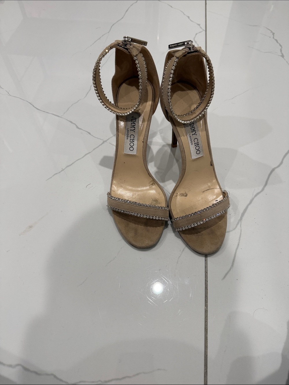 Jimmy Choo Tan Suede Crystal-Ankle Strap Stilettos